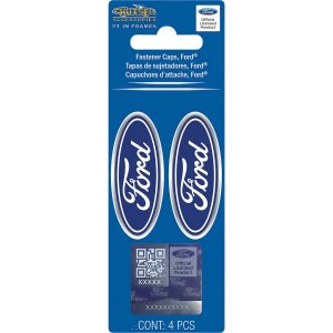 Cruiser License Plate Bolt Cover, Ford Oval Emblem, Chrome Plated, Blue with White Letters, ABS Plastic, Two Screw Caps and Two Cap Retainers – 82810