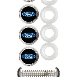 Cruiser License Plate Bolt Cover, Chrome Plated, Black Insert, ABS Plastic Cap with Resin Ford Logo Insert – 82811
