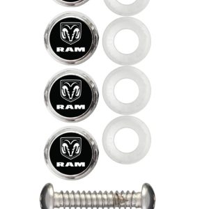 Cruiser License Plate Bolt Cover, Chrome Plated, Black Insert, ABS Plastic Cap with Resin Ram Logo Insert – 82821
