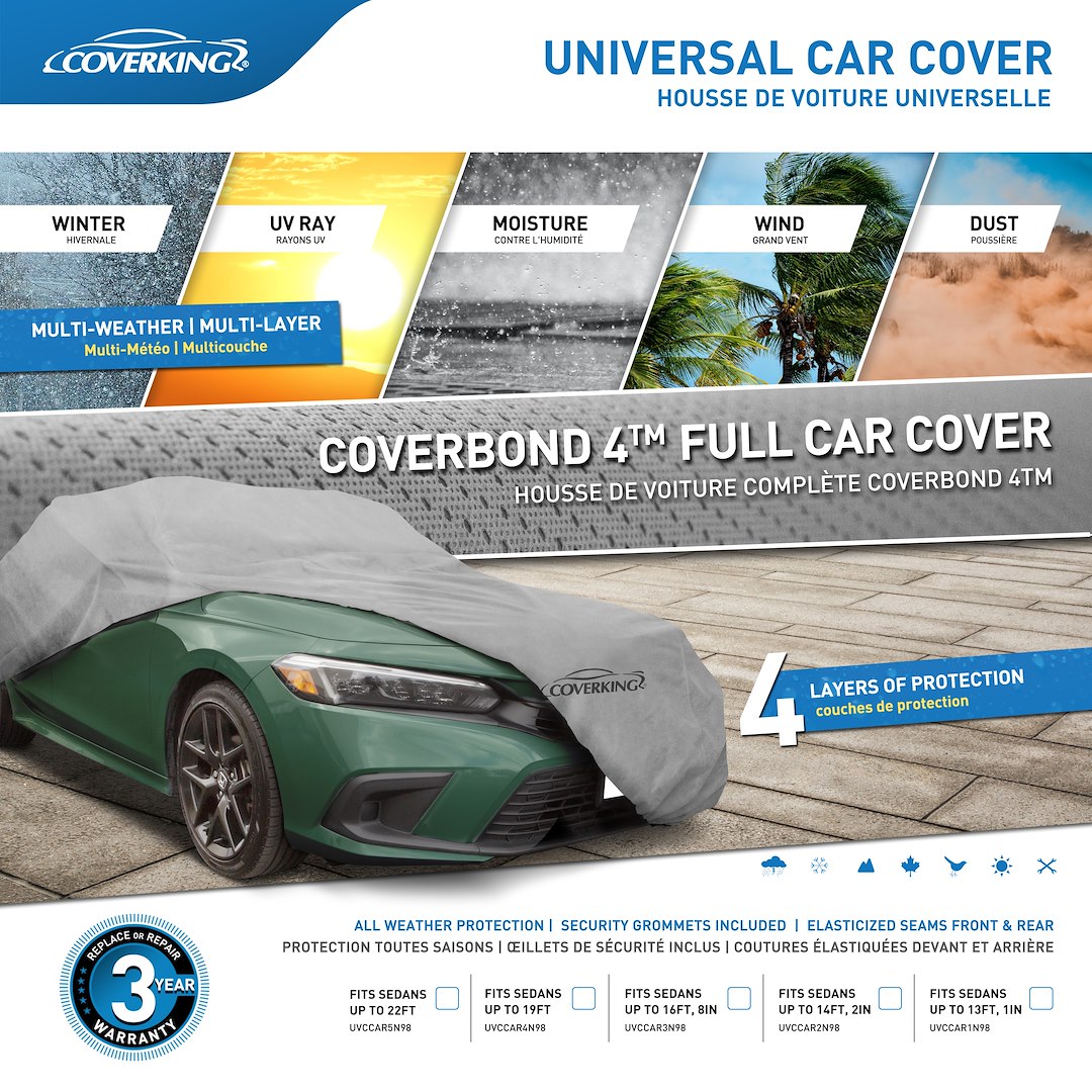 Coverking Car Cover, Coverbond 4™, Fits Sedans Up to 19 Foot Length, All Weather Protection, Gray, Polypropylene, Without Antenna Pocket – UVCCAR4N98