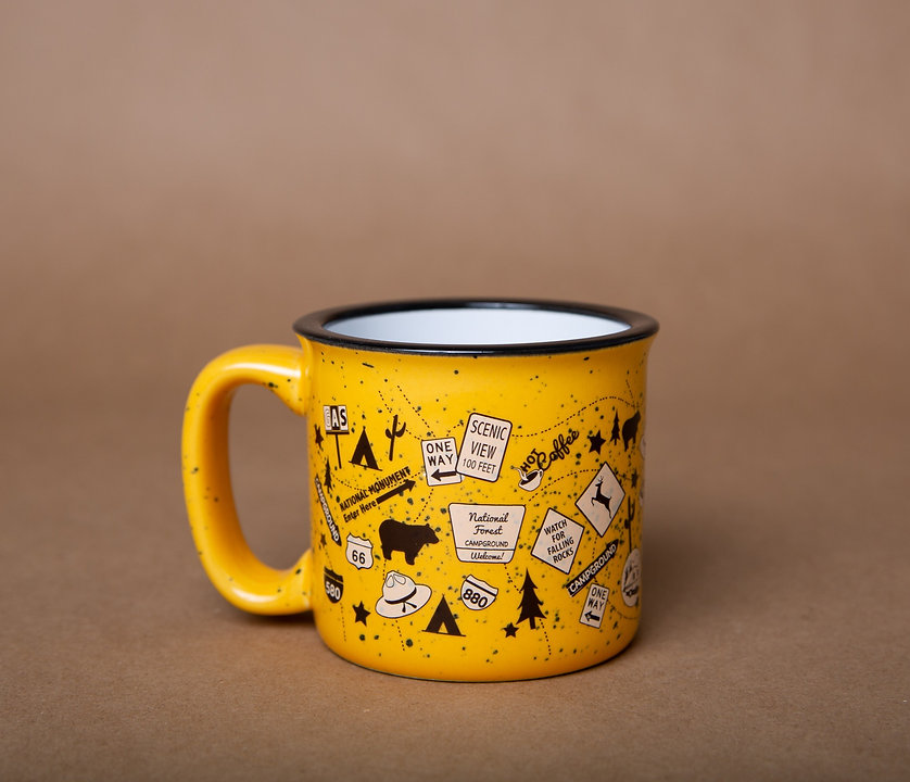 Camp Casual Cup, Coffee Mug, 15 Ounce Capacity, With Handle, Tangerine Trip Design, Ceramic, Dishwasher/ Microwave Safe, Single – CC-004T