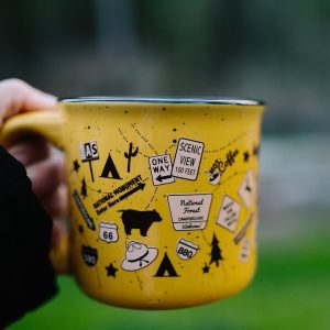 Camp Casual Cup, Coffee Mug, 15 Ounce Capacity, With Handle, Tangerine Trip Design, Ceramic, Dishwasher/ Microwave Safe, Single – CC-004T