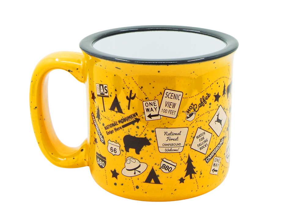Camp Casual Cup, Coffee Mug, 15 Ounce Capacity, With Handle, Tangerine Trip Design, Ceramic, Dishwasher/ Microwave Safe, Single – CC-004T