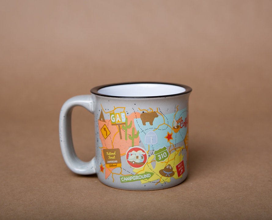 Camp Casual Cup, Coffee Mug, 15 Ounce Capacity, With Handle, Travel MAP Design, Gray, Ceramic, Dishwasher/ Microwave Safe, Single – CC-004TMG