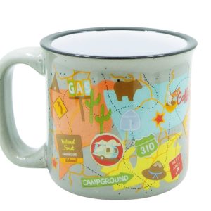 Camp Casual Cup, Coffee Mug, 15 Ounce Capacity, With Handle, Travel MAP Design, Gray, Ceramic, Dishwasher/ Microwave Safe, Single – CC-004TMG
