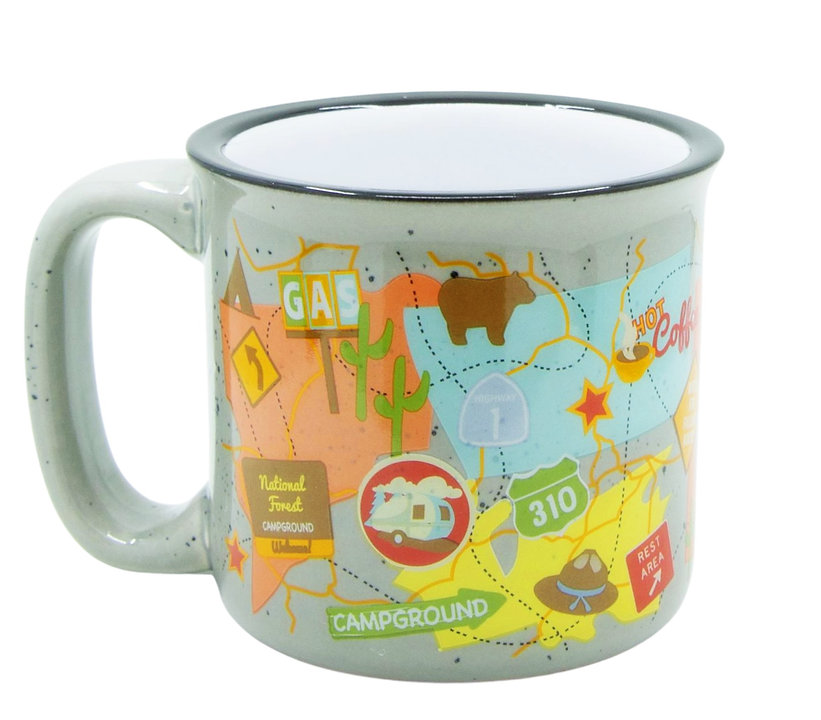 Camp Casual Cup, Coffee Mug, 15 Ounce Capacity, With Handle, Travel MAP Design, Gray, Ceramic, Dishwasher/ Microwave Safe, Single – CC-004TMG