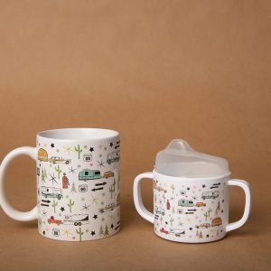 Camp Casual Cup, Coffee Mug and Sippy Cup, 15 Ounce Mug Capacity, With Handle, Road Trip Design, White, Ceramic Mug and Melamine Sippy Cup – CC-014RT
