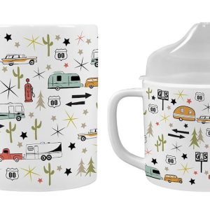 Camp Casual Cup, Coffee Mug and Sippy Cup, 15 Ounce Mug Capacity, With Handle, Road Trip Design, White, Ceramic Mug and Melamine Sippy Cup – CC-014RT