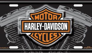 Chroma Decal License Plate, Stamped Metal Tags, Harley-Davidson Logo, Black Plate with Orange/White Logo, With V-Twin Stamped Plate – 001842