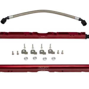 Comp Cams Fuel Injector Rail, Anodized, Red, Billet Aluminum, Set of 2, With Black Anodized -8 AN Fittings, O-Rings – 146028-KIT