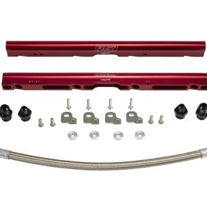 Comp Cams Fuel Injector Rail, Anodized, Red, Billet Aluminum, Set of 2, With Black Anodized -8 AN Fittings, O-Rings – 146028-KIT
