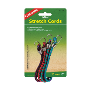 Coghlan’s Bungee Cord, Cotton Covered Multi-Strand Rubber Cord, Four 10 Inch Length, Plastic Coated Hooks, Assorted Colors – 516