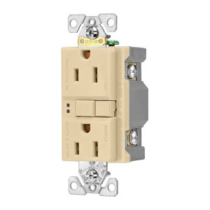 Cooper Wire Receptacle, Arrow Hart, 2 Pole/ 3 Wire, 15 Amp/ 125 Volt AC Power, Ground Fault Interrupter Type, Duplex Receptacle, Ivory – SGF15V
