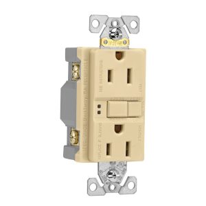 Cooper Wire Receptacle, Arrow Hart, 2 Pole/ 3 Wire, 15 Amp/ 125 Volt AC Power, Ground Fault Interrupter Type, Duplex Receptacle, Ivory – SGF15V