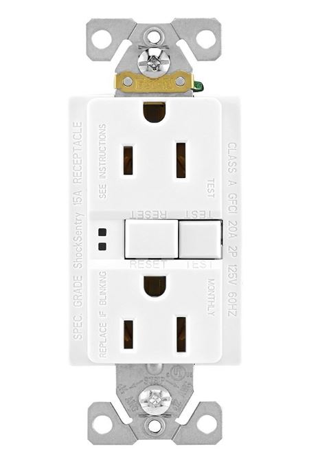 Cooper Wire Receptacle, Arrow Hart, 2 Pole/ 3 Wire, 15 Amp/ 125 Volt AC Power, Ground Fault Interrupter Type, Duplex Receptacle, White – SGF15W