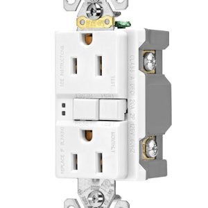 Cooper Wire Receptacle, Arrow Hart, 2 Pole/ 3 Wire, 15 Amp/ 125 Volt AC Power, Ground Fault Interrupter Type, Duplex Receptacle, White – SGF15W