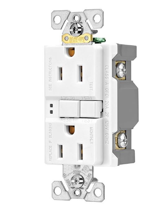 Cooper Wire Receptacle, Arrow Hart, 2 Pole/ 3 Wire, 15 Amp/ 125 Volt AC Power, Ground Fault Interrupter Type, Duplex Receptacle, White – SGF15W