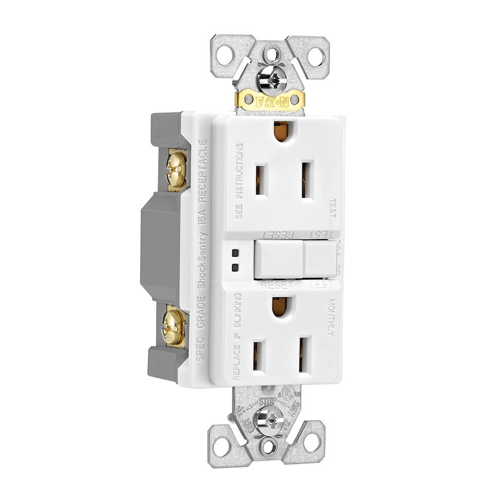 Cooper Wire Receptacle, Arrow Hart, 2 Pole/ 3 Wire, 15 Amp/ 125 Volt AC Power, Ground Fault Interrupter Type, Duplex Receptacle, White – SGF15W