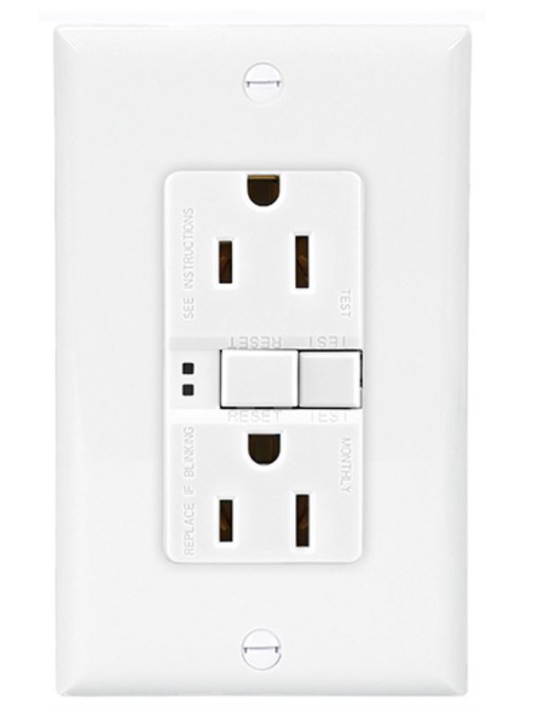 Cooper Wire Receptacle, Arrow Hart, 2 Pole/ 3 Wire, 15 Amp/ 125 Volt AC Power, Ground Fault Interrupter Type, Duplex Receptacle, White – SGF15W