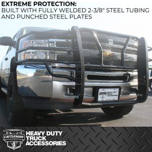 Cattleman’s Grille Guard, 1-Piece, Powder Coated, Gloss Black, Steel, 2 Inch Diameter, With Brush Guard, Without Skid Plate – 1305B