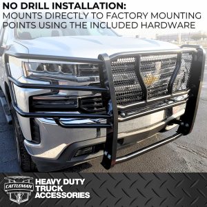 Cattleman’s Grille Guard, 1 Piece, Powder Coated, Black, Steel, 2-3/8 Inch Diameter, With Brush Guard, Without Skid Plate, Without Step Plate – 1371P