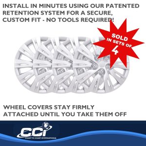 Coast to Coast Wheel Cover, 16 Inch, 10 Split Spoke, Silver, Plastic, Set of 4, Standard Leg, Master White Carton – IWC103716S