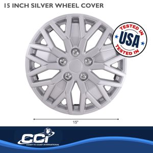 Coast to Coast Wheel Cover, 15 Inch, 10 U Spoke, Painted, Silver, ABS Plastic, Set of 4, Universal Fit Over Most OEM Steel Wheels – 105115S