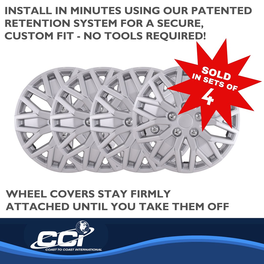 Coast to Coast Wheel Cover, 15 Inch, 10 U Spoke, Painted, Silver, ABS Plastic, Set of 4, Universal Fit Over Most OEM Steel Wheels – 105115S