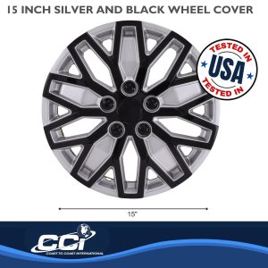 Coast to Coast Wheel Cover, 15 Inch, 10 U Spoke, Painted, Black/ Silver, ABS Plastic, Set of 4, Universal Fit Over Most OEM Steel Wheels – 105115SB