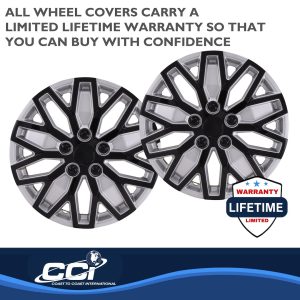 Coast to Coast Wheel Cover, 15 Inch, 10 U Spoke, Painted, Black/ Silver, ABS Plastic, Set of 4, Universal Fit Over Most OEM Steel Wheels – 105115SB