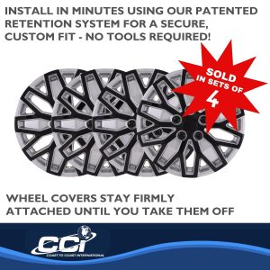 Coast to Coast Wheel Cover, 15 Inch, 10 U Spoke, Painted, Black/ Silver, ABS Plastic, Set of 4, Universal Fit Over Most OEM Steel Wheels – 105115SB