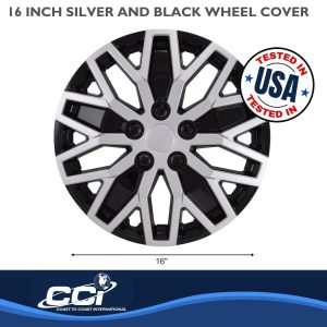 Coast to Coast Wheel Cover, 16 Inch, 10 U Spoke, Painted, Black/ Silver, ABS Plastic, Set of 4, Universal Fit Over Most OEM Steel Wheels – 105116SB
