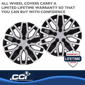 Coast to Coast Wheel Cover, 16 Inch, 10 U Spoke, Painted, Black/ Silver, ABS Plastic, Set of 4, Universal Fit Over Most OEM Steel Wheels – 105116SB