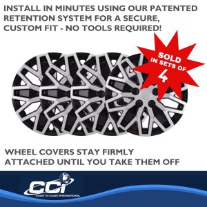 Coast to Coast Wheel Cover, 16 Inch, 10 U Spoke, Painted, Black/ Silver, ABS Plastic, Set of 4, Universal Fit Over Most OEM Steel Wheels – 105116SB