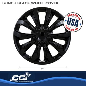 Coast to Coast Wheel Cover, 14 Inch, 10 Spoke, Painted, Gloss Black, ABS Plastic, Set of 4, Universal Fit Over Most OEM Steel Wheels – 106114BLK