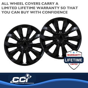 Coast to Coast Wheel Cover, 14 Inch, 10 Spoke, Painted, Gloss Black, ABS Plastic, Set of 4, Universal Fit Over Most OEM Steel Wheels – 106114BLK