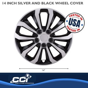 Coast to Coast Wheel Cover, 14 Inch, 10 Spoke, Painted, Black/ Silver, ABS Plastic, Set of 4, Universal Fit Over Most OEM Steel Wheels – 106114SB