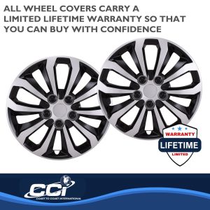 Coast to Coast Wheel Cover, 14 Inch, 10 Spoke, Painted, Black/ Silver, ABS Plastic, Set of 4, Universal Fit Over Most OEM Steel Wheels – 106114SB