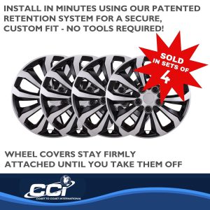 Coast to Coast Wheel Cover, 14 Inch, 10 Spoke, Painted, Black/ Silver, ABS Plastic, Set of 4, Universal Fit Over Most OEM Steel Wheels – 106114SB