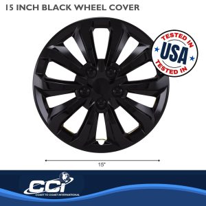 Coast to Coast Wheel Cover, 15 Inch, 10 Spoke, Painted, Gloss Black, ABS Plastic, Set of 4, Universal Fit Over Most OEM Steel Wheels – 106115BLK