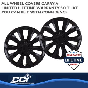 Coast to Coast Wheel Cover, 15 Inch, 10 Spoke, Painted, Gloss Black, ABS Plastic, Set of 4, Universal Fit Over Most OEM Steel Wheels – 106115BLK