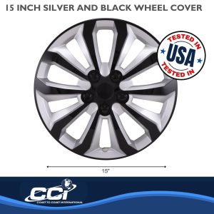 Coast to Coast Wheel Cover, 15 Inch, 10 Spoke, Painted, Black/ Silver, ABS Plastic, Set of 4, Universal Fit Over Most OEM Steel Wheels – 106115SB