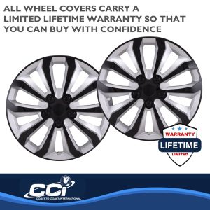 Coast to Coast Wheel Cover, 15 Inch, 10 Spoke, Painted, Black/ Silver, ABS Plastic, Set of 4, Universal Fit Over Most OEM Steel Wheels – 106115SB
