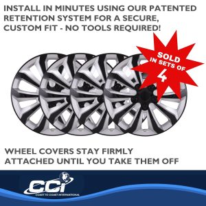 Coast to Coast Wheel Cover, 15 Inch, 10 Spoke, Painted, Black/ Silver, ABS Plastic, Set of 4, Universal Fit Over Most OEM Steel Wheels – 106115SB