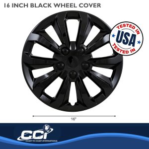 Coast to Coast Wheel Cover, 16 Inch, 10 Spoke, Painted, Gloss Black, ABS Plastic, Set of 4, Universal Fit Over Most OEM Steel Wheels – 106116BLK