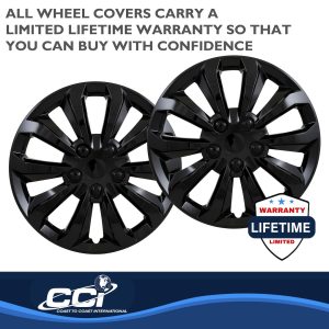 Coast to Coast Wheel Cover, 16 Inch, 10 Spoke, Painted, Gloss Black, ABS Plastic, Set of 4, Universal Fit Over Most OEM Steel Wheels – 106116BLK
