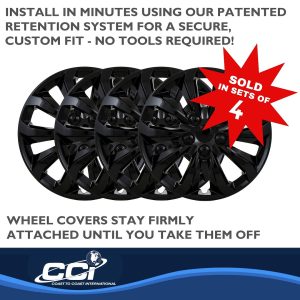 Coast to Coast Wheel Cover, 16 Inch, 10 Spoke, Painted, Gloss Black, ABS Plastic, Set of 4, Universal Fit Over Most OEM Steel Wheels – 106116BLK