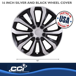 Coast to Coast Wheel Cover, 16 Inch, 10 Spoke, Painted, Black/ Silver, ABS Plastic, Set of 4, Universal Fit Over Most OEM Steel Wheels – 106116SB
