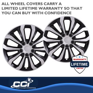 Coast to Coast Wheel Cover, 16 Inch, 10 Spoke, Painted, Black/ Silver, ABS Plastic, Set of 4, Universal Fit Over Most OEM Steel Wheels – 106116SB