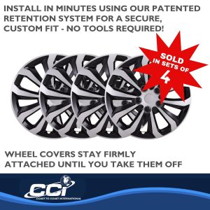 Coast to Coast Wheel Cover, 16 Inch, 10 Spoke, Painted, Black/ Silver, ABS Plastic, Set of 4, Universal Fit Over Most OEM Steel Wheels – 106116SB